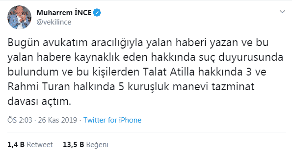 İnce'den Talat Atilla'ya 3 Rahmi Turan'a 5 Kuruşluk Tazminat Davası!