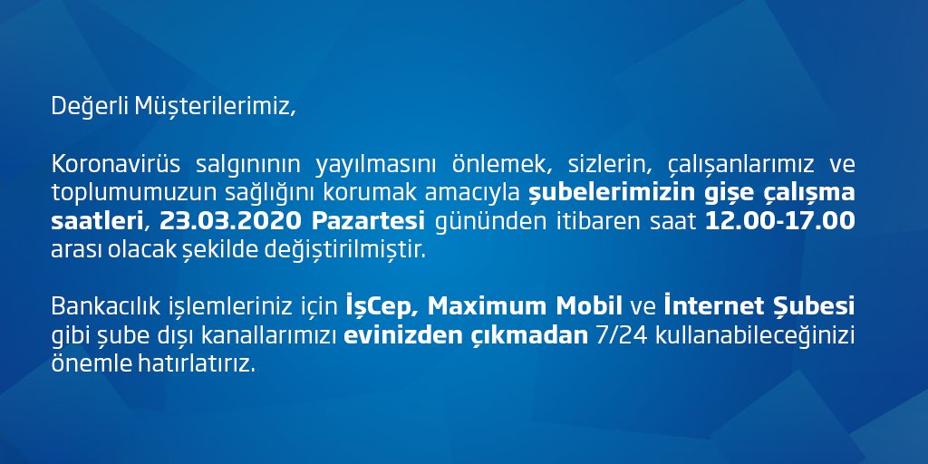 İş Bankası Şubelerine Koronavirüs Tedbirleri