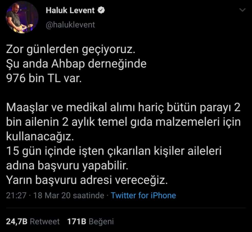 Haluk Levent'ten Covid-19 Mağdurları İçin "Dayanışma Günleri"