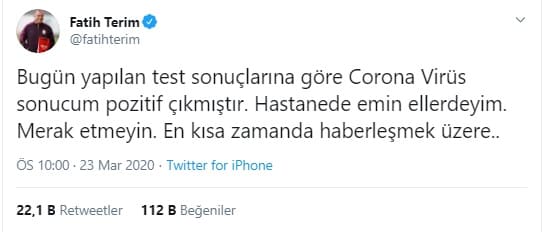 Son Dakika: Fatih Terim Koronavirüse Yakalandı!